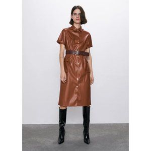 ZARA Faux Leather Belted Shirt Dress, Brown, XS